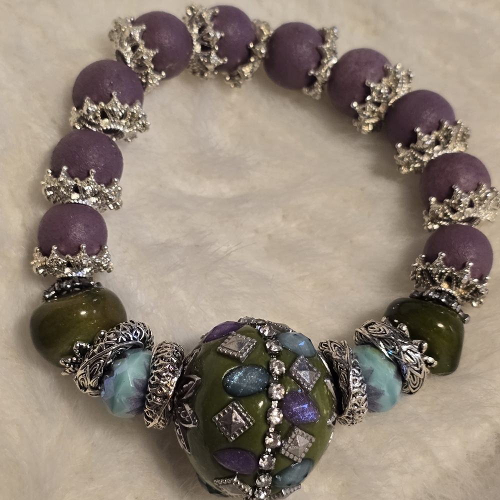 Artisan Purple and Jade Green Beaded Bracelet with Silver Accents